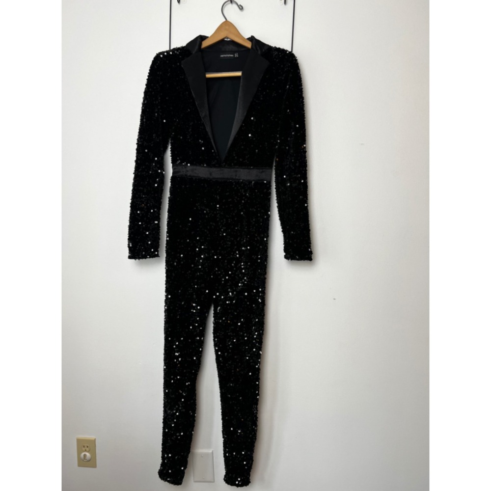 PrettyLittleThing Black Sequin Long Sleeve Tuxedo Jumpsuit Womens Size 4 Sexy